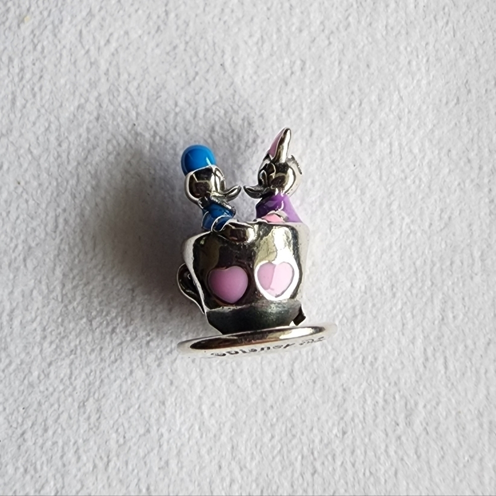 NEW Pandora Disney Parks Donald and Daisy Duck in a Tea Cup silver Charm
